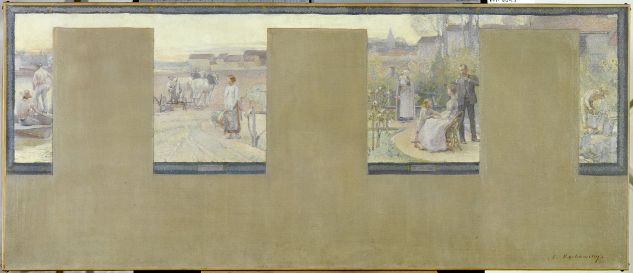 Luonnos Nogent-sur-Marnen kaupungintaloa varten: Le canotage - le labourage - la villégiature - le jardinage, en 1889 (öljy kankaalle (armure)) tekijältä Adrien Karbowsky