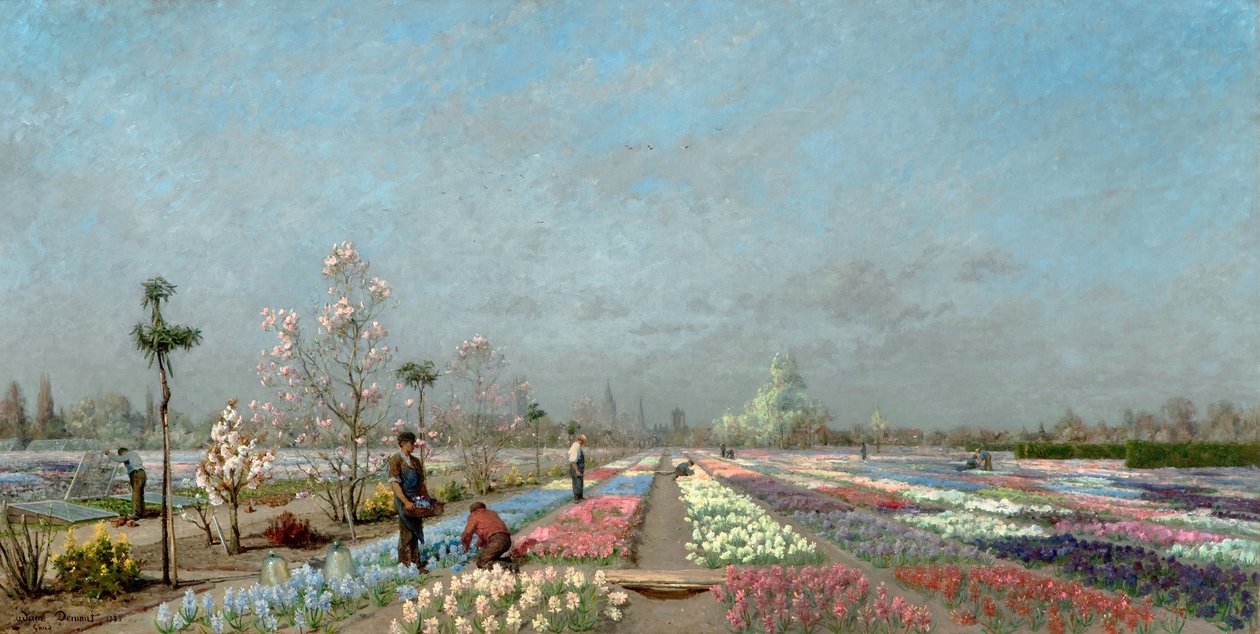 Kukkivat hyasinttipellot Van Houtten taimitarhassa Gentissä, josta on näkymät Pyhän Nikolauksen kirkolle, kellotapulille ja Pyhän Bavon katedraalille, 1883 tekijältä Adrien Louis Demont