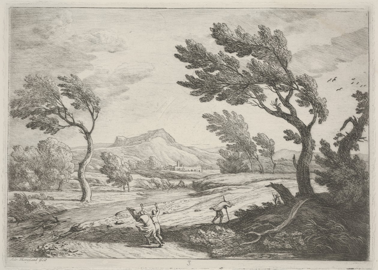 Maisema matkustajien kanssa kovassa tuulessa, n. 1753 (etsaus) tekijältä Adrien Manglard