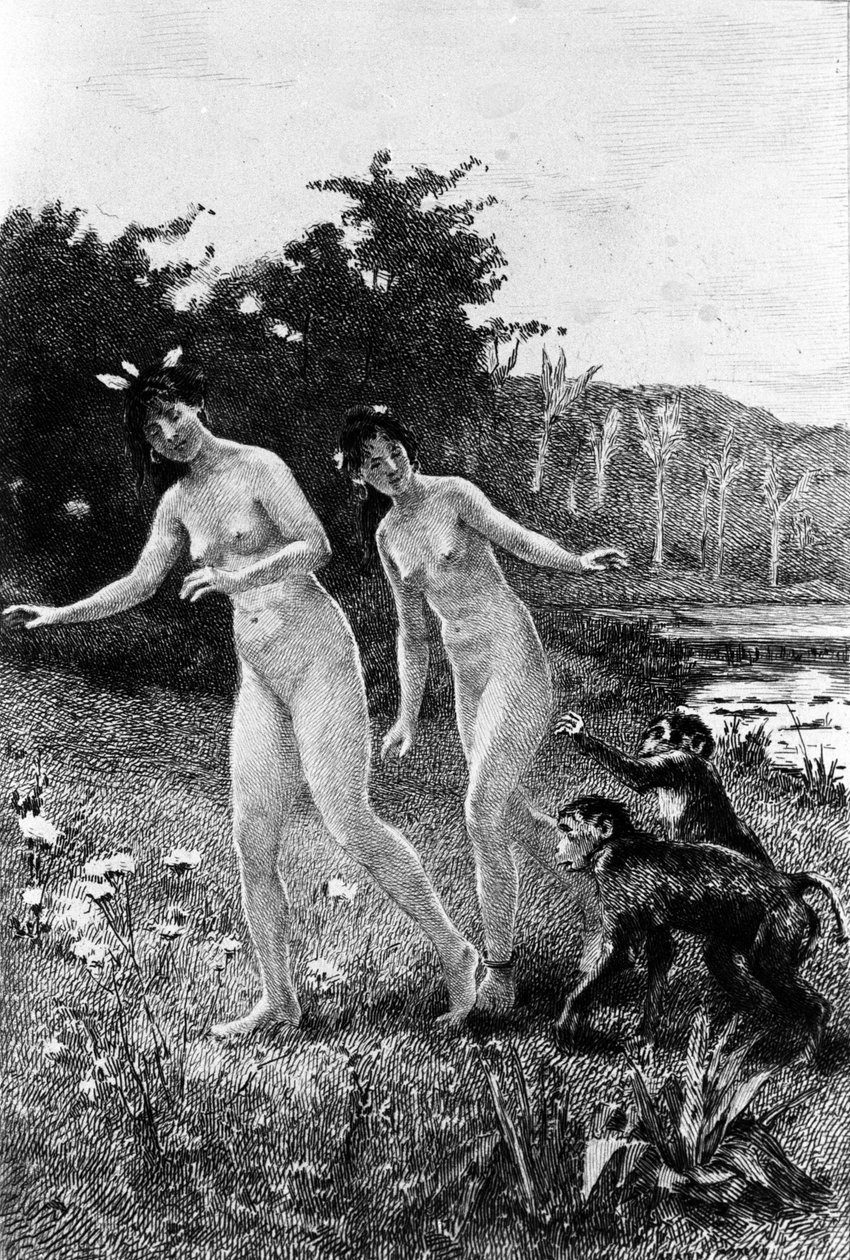 Adrien Moreaun (1843-1906) kaiverrus, joka kuvaa Francois Marie Arouet dit Voltairen (1694-1778) "" Candidea". tekijältä Adrien Moreau