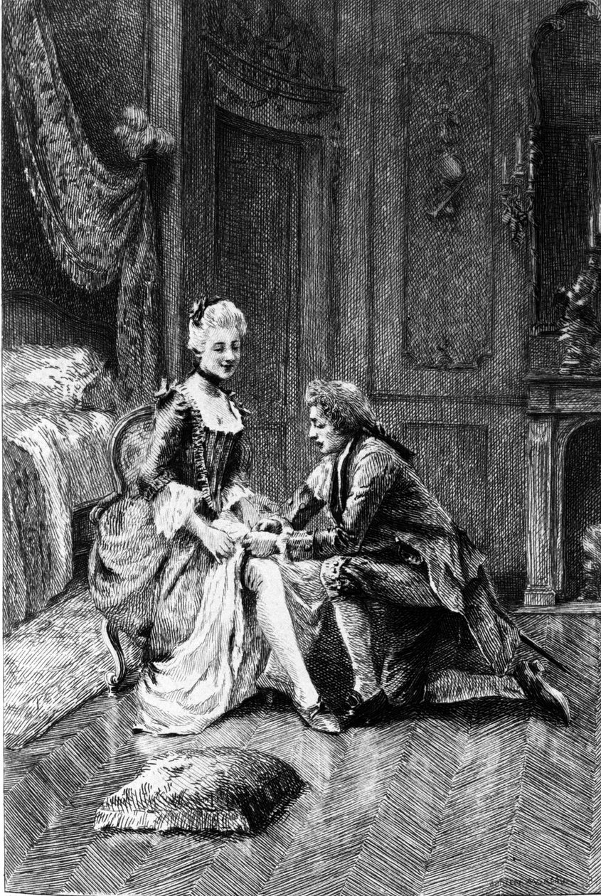 Adrien Moreaun (1843-1906) kaiverrus, joka kuvaa Francois Marie Arouet dit Voltairen (1694-1778) "" Candidea". tekijältä Adrien Moreau