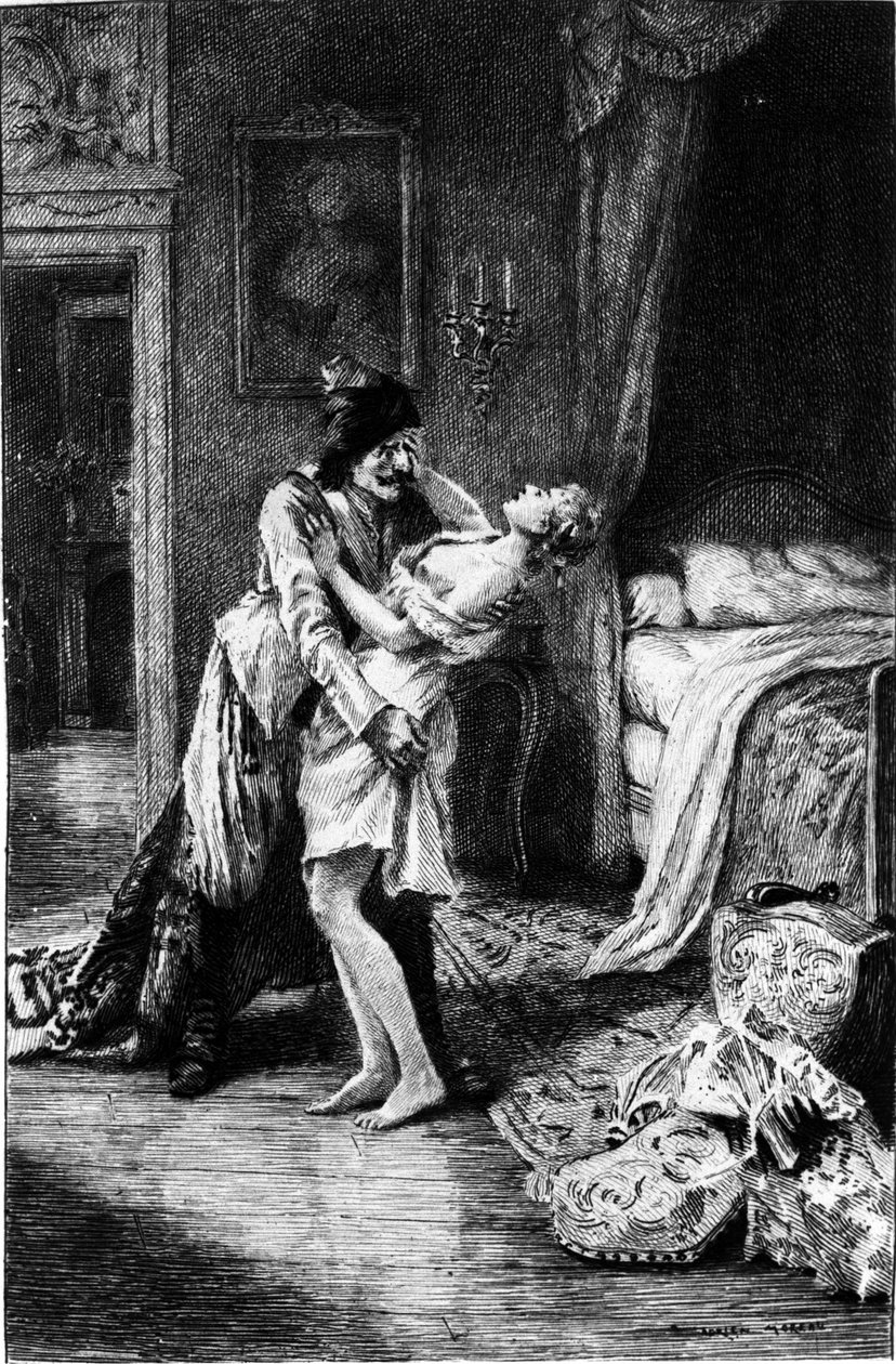 Adrien Moreaun (1843-1906) kaiverrus, joka kuvaa Francois Marie Arouet dit Voltairen (1694-1778) "" Candidea". tekijältä Adrien Moreau