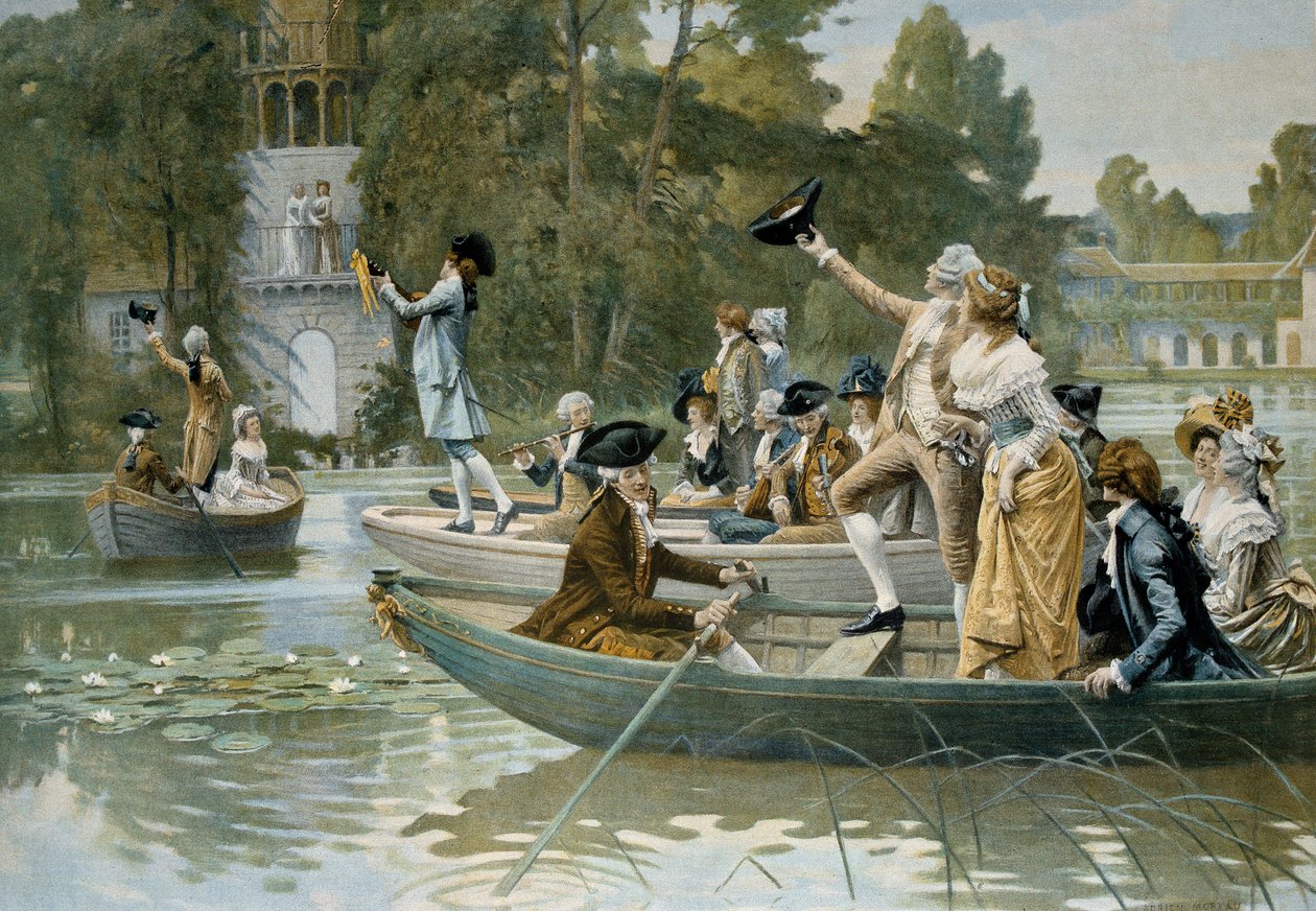 Serenade au Peer Trianon, kuva serenadista kunnianosoituksena kuningatar Marie Antoinettelle (1755-1793), ennen vuotta 1789, Adrien Moreaun (1843-1906) kaiverrus tekijältä Adrien Moreau