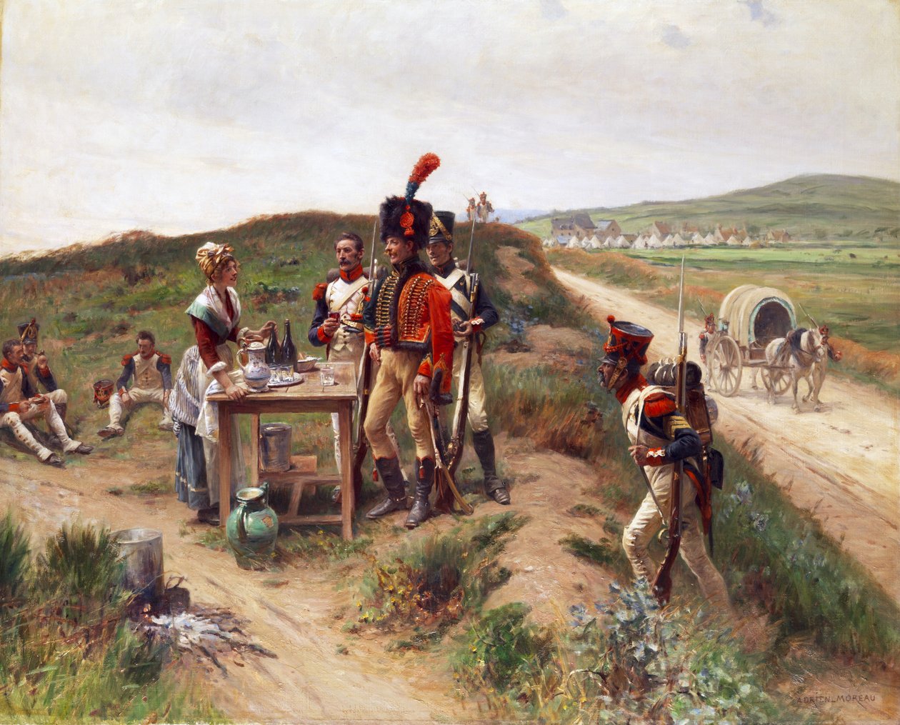 Soldaten bei einer jungen Markthändlerin auf der Rast tekijältä Adrien Moreau
