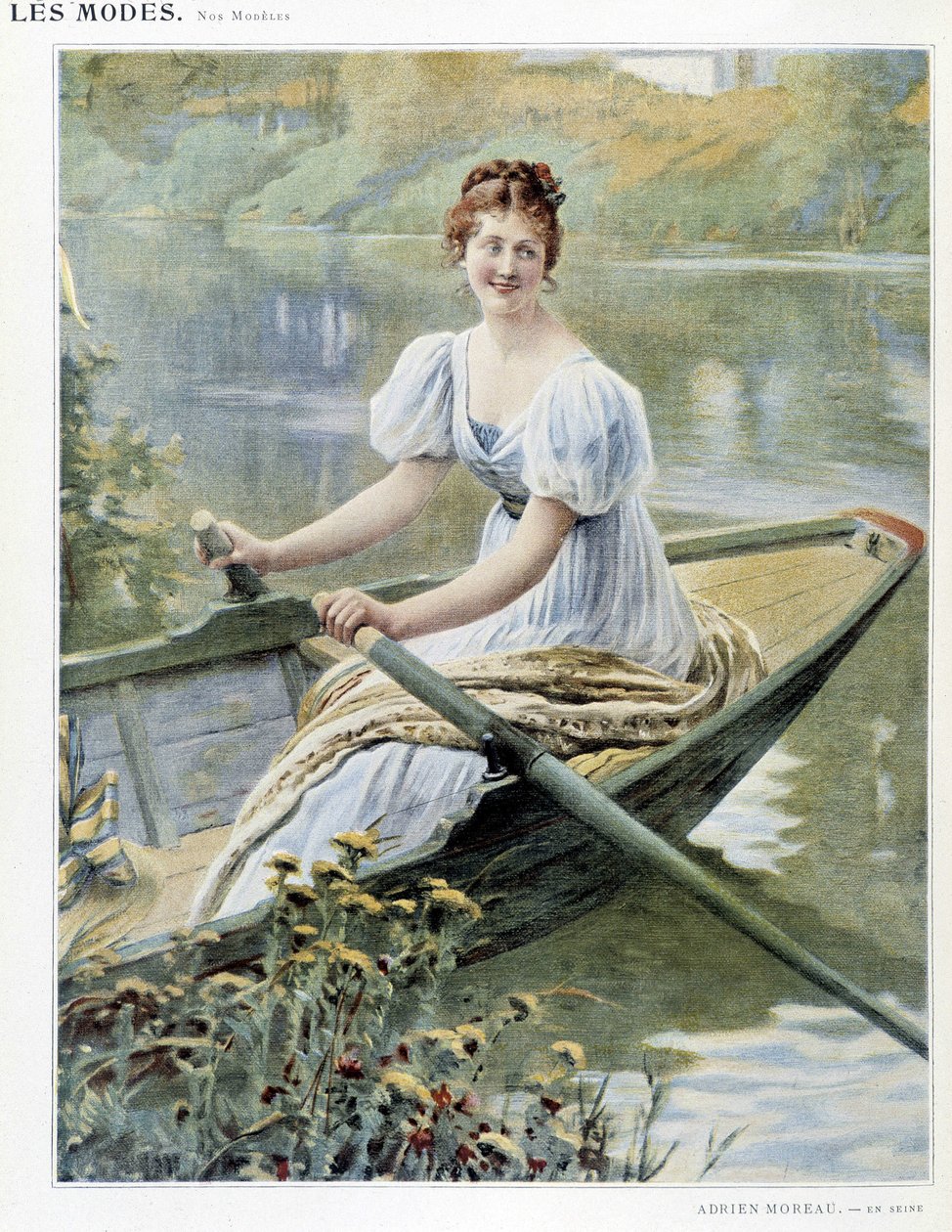Nainen tekemässä venettä Seine-joella - sairas. kirjoittanut Adrien Moreau, c. 1900 tekijältä Adrien Moreau
