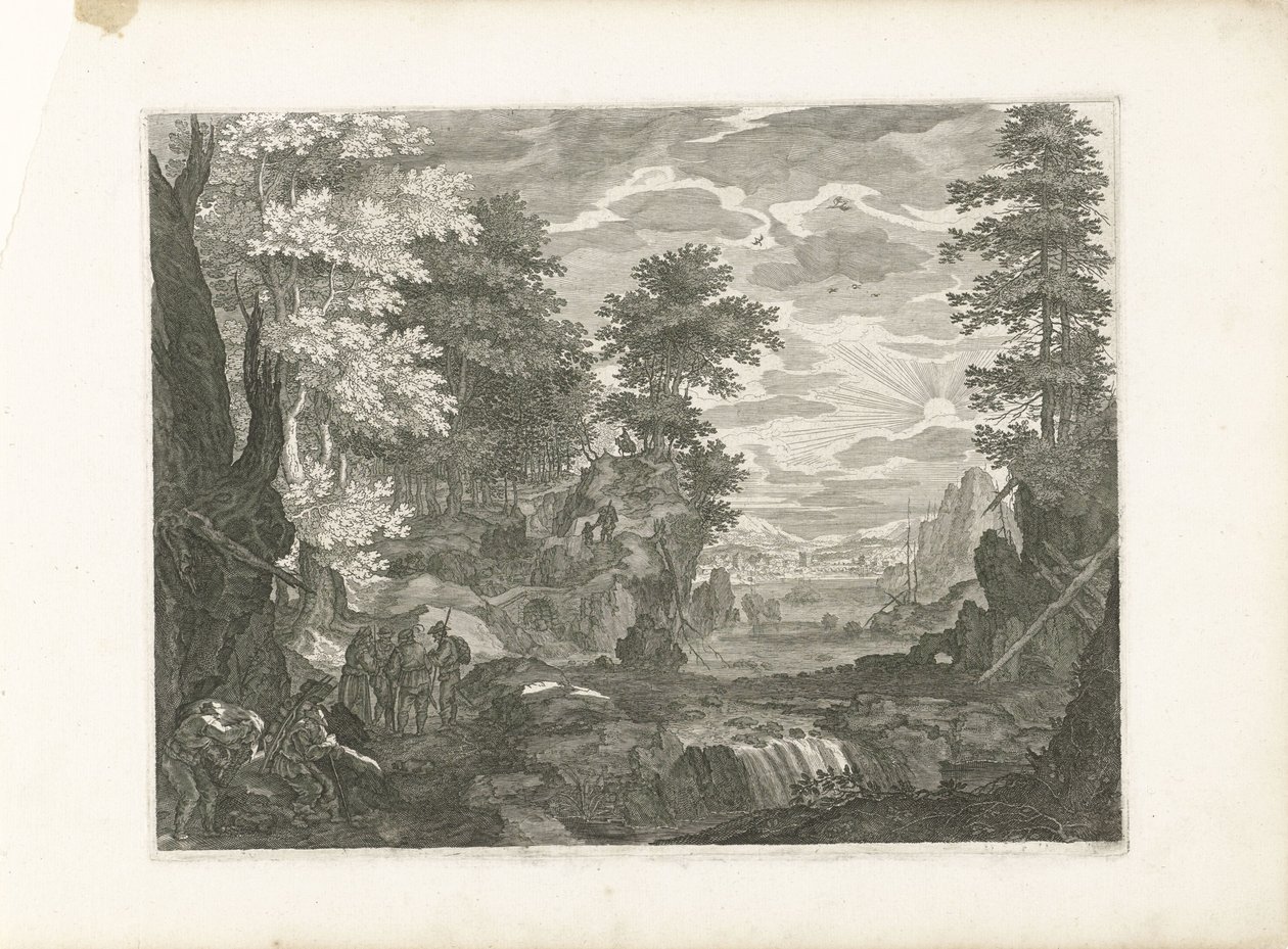 Vesiputous, jossa kaupunki taustalla Neljä maisemaa Bohemiassa (sarjan nimi) tekijältä Aegidius Sadeler (II) (attributed to)