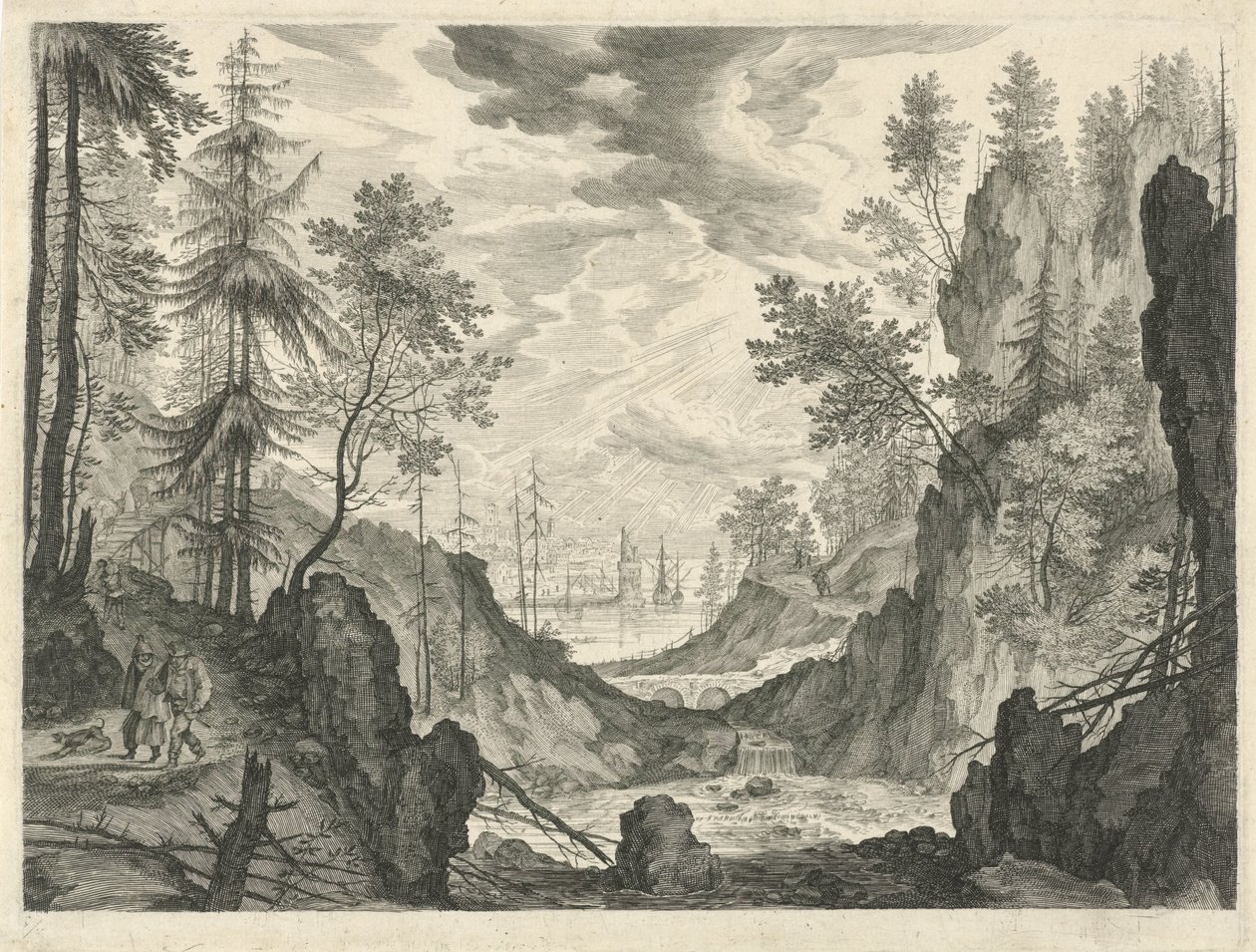 Paisatge forestal amb cascada Acaben els paisatges de muntanya del Tirol (títol de la sèrie). tekijältä Egidius  Sadeler (II)