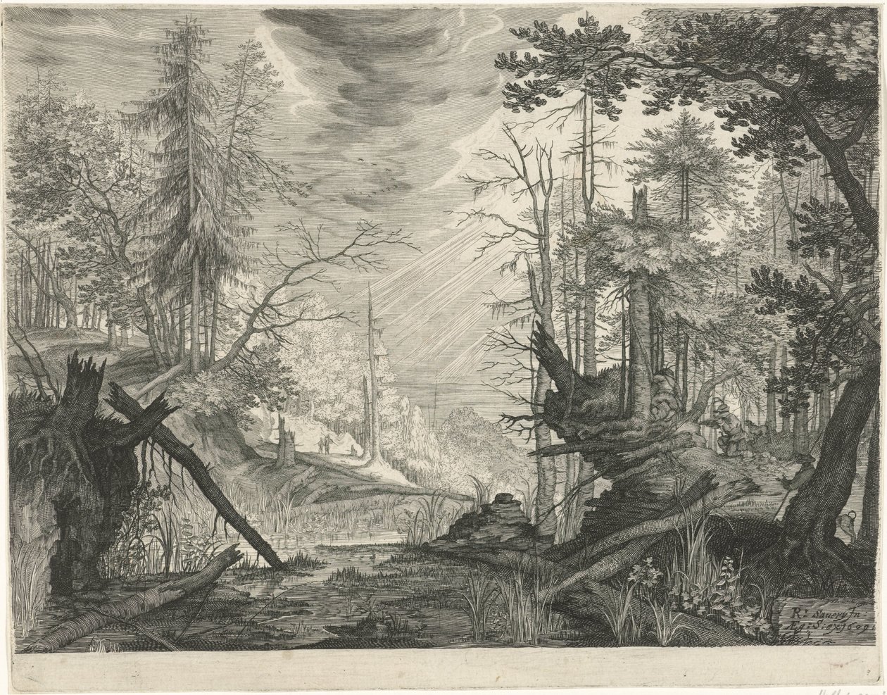 Kolme metsästäjää joen rannalla metsässä Vuoristomaisemat Tirolista (sarjan nimi) tekijältä Egidius  Sadeler (II)