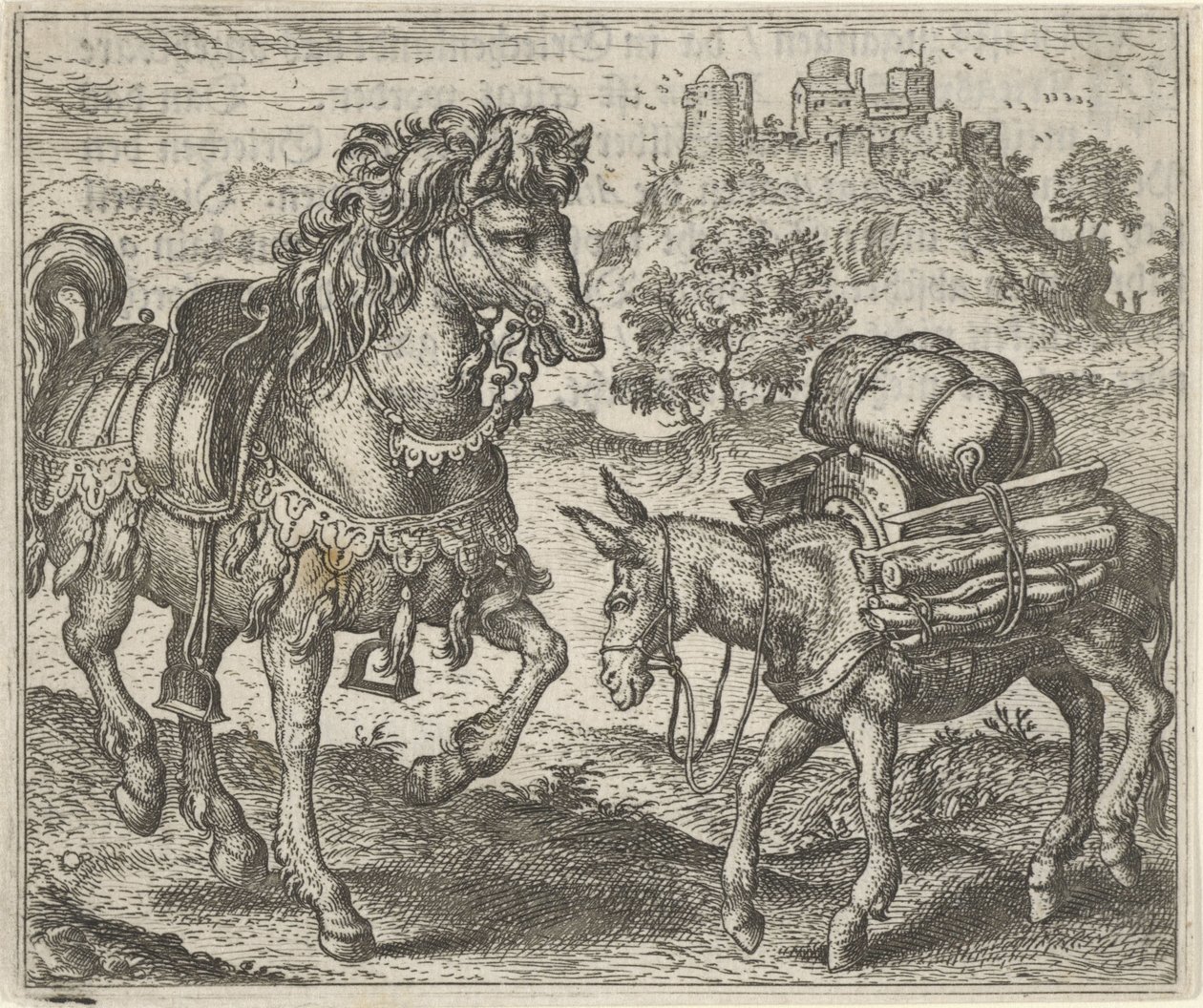 Fable of the Disturtled Donkey and the Warhorse tekijältä Egidius  Sadeler (II)