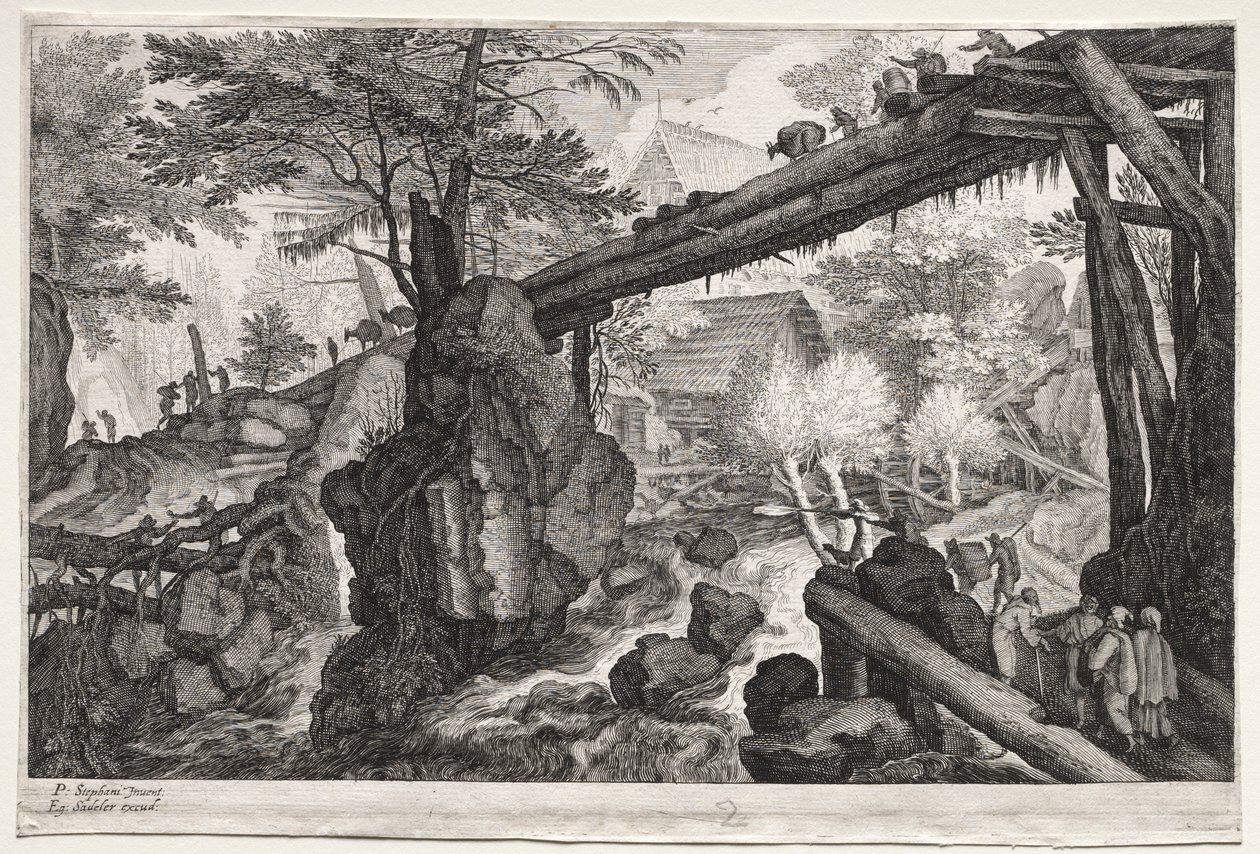 Kahdeksan böömimaisemaa: Maisema hirsisillalla kaihien yli, n. 1610-1615. tekijältä Aegidius Sadeler or Saedeler