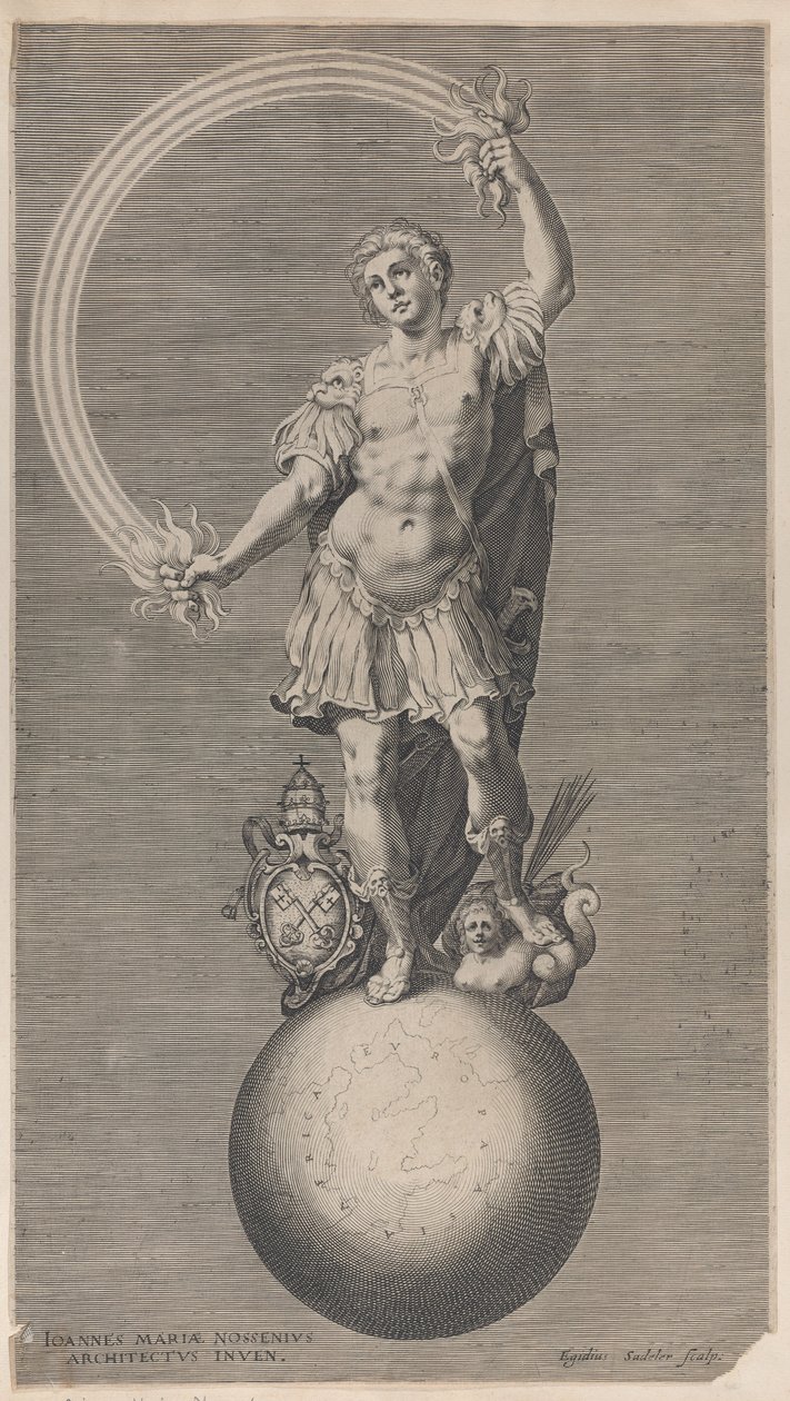 Allegorinen soturihahmo maapallolla seisovasta paavin vaakuna..., n. 1588-1629. tekijältä Aegidius Sadeler II