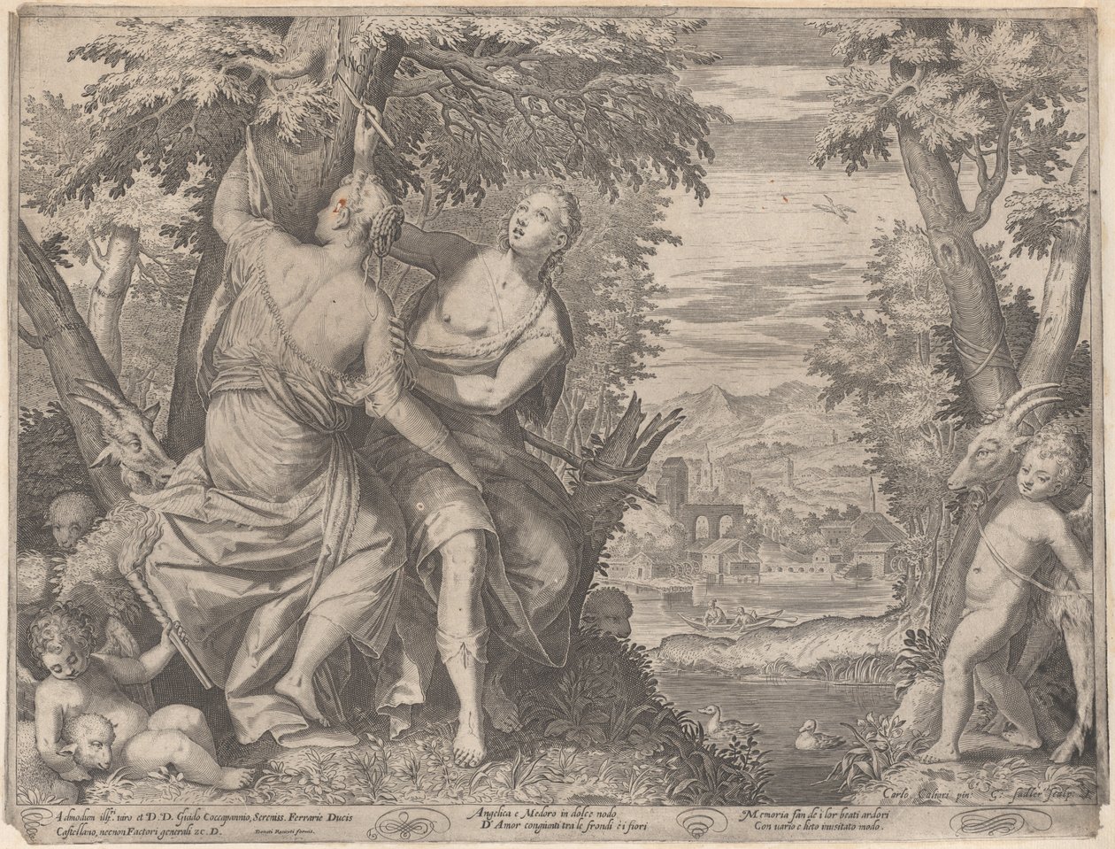 Angelica ja Medoro, he seisovat puron vieressä, kun Medoro kaivertaa heidän nimensä tr..., 1590-98. tekijältä Aegidius Sadeler II