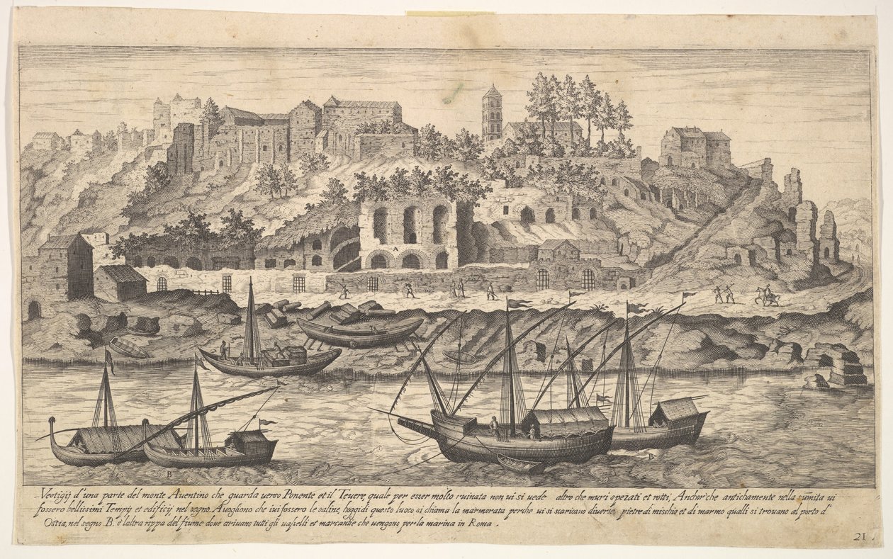 Levy 21: Näkymä Rooman Aventine-kukkulan raunioista lännestä, veneillä joella..., 1606. tekijältä Aegidius Sadeler II