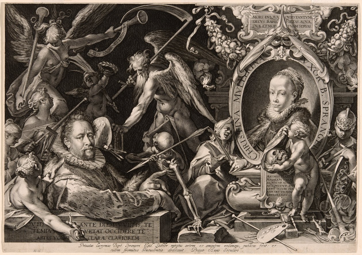 Bartolomaeus Sprangerin muotokuva, jossa on allegoria vaimonsa kuolemasta, Christina Müller. tekijältä Aegidius Sadeler II