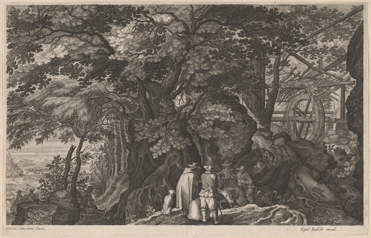 Vanhat puut vuoren vesimyllyn vieressä tekijältä Aegidius Sadeler II after Pieter Stevens