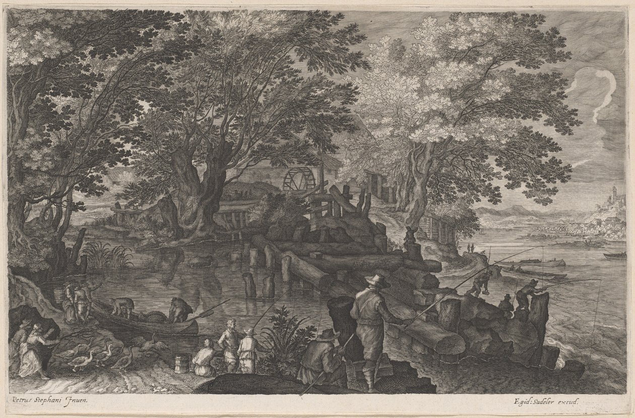 Kalastajat saaren vesimyllyllä tekijältä Aegidius Sadeler II after Pieter Stevens