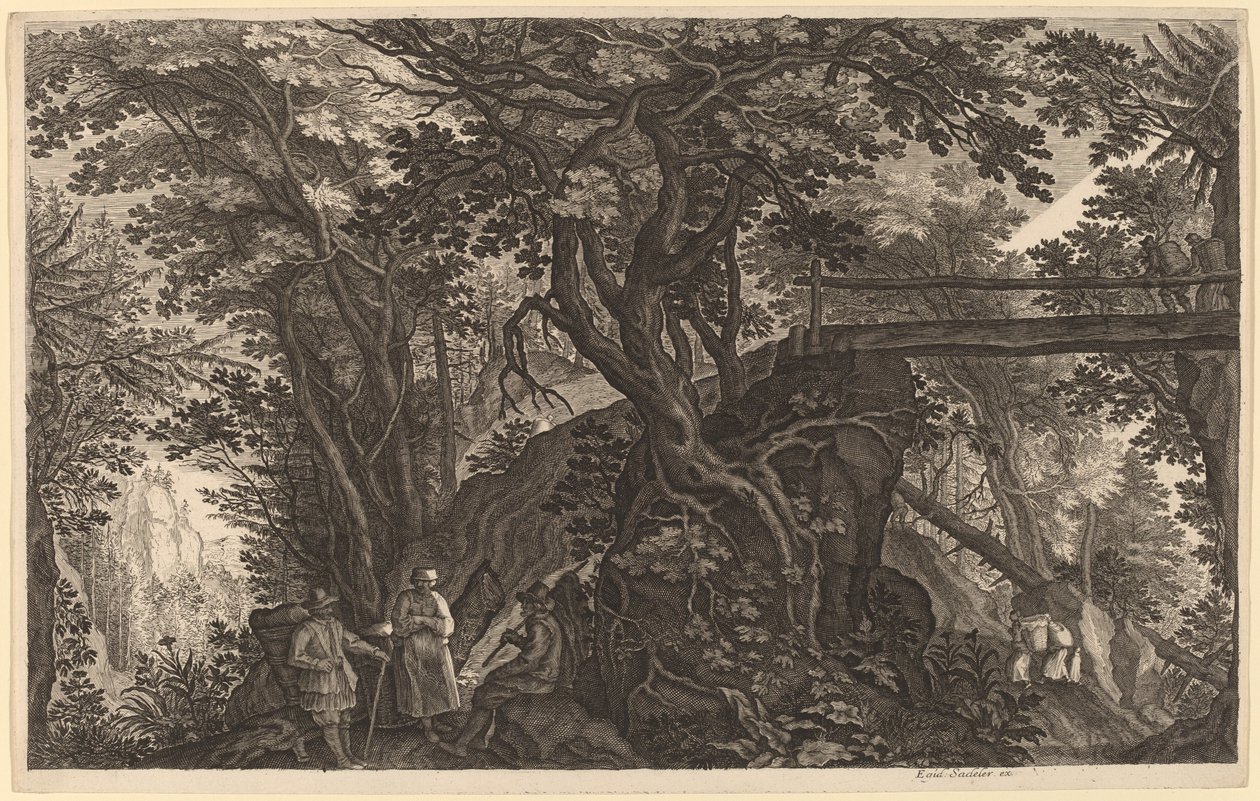 Metsämaisema, jossa kaksi miestä ja nainen lepäävät lähellä siltaa tekijältä Aegidius Sadeler II after Pieter Stevens