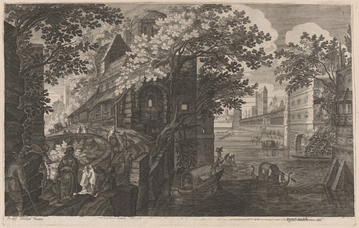 Gondolit joella palatsin vieressä tekijältä Aegidius Sadeler II after Pieter Stevens