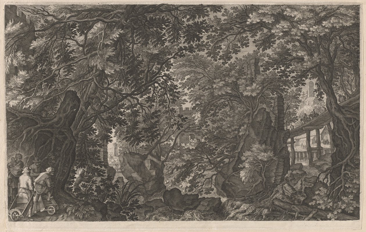 Metsästäjät metsässä lähellä puusiltaa tekijältä Aegidius Sadeler II after Pieter Stevens