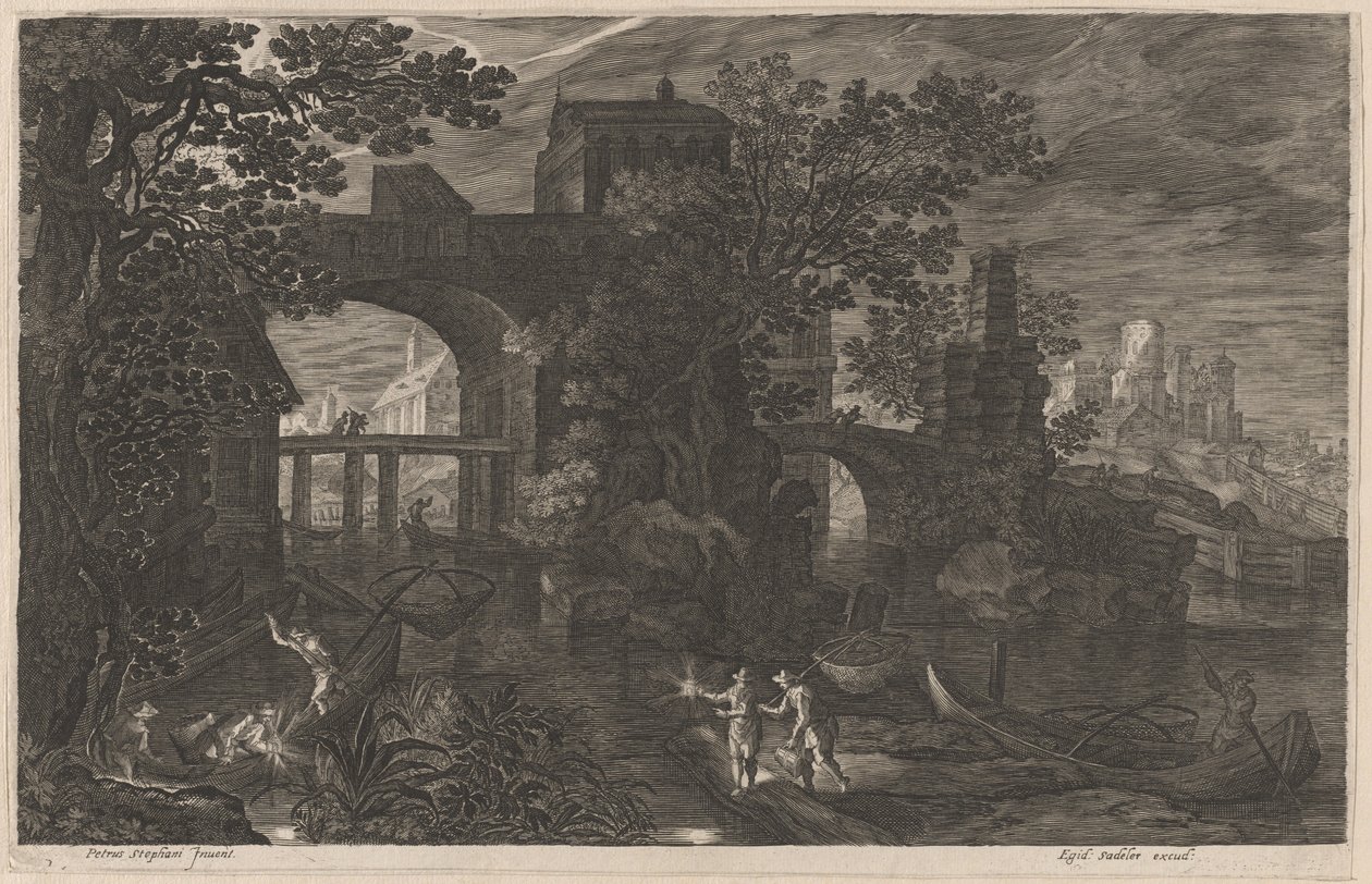 Yökalastus lähellä Fortified Bridges tekijältä Aegidius Sadeler II after Pieter Stevens