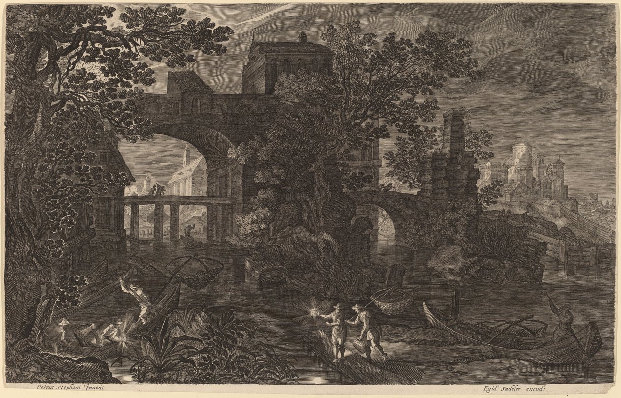 Yömaisema jokikalastajien kanssa kaupungin muurien ulkopuolella tekijältä Aegidius Sadeler II after Pieter Stevens