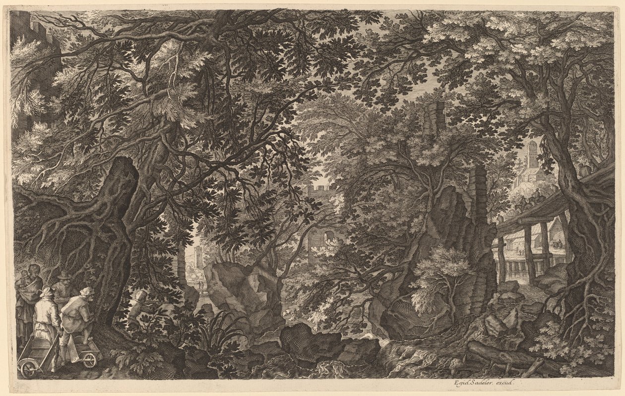 Jokimaisema ankkametsästäjän kanssa tekijältä Aegidius Sadeler II after Pieter Stevens
