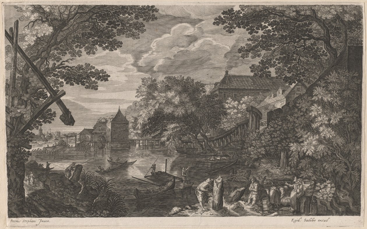 Jokimaisema kalastajien kanssa linnoitetun kaupungin äärellä tekijältä Aegidius Sadeler II after Pieter Stevens