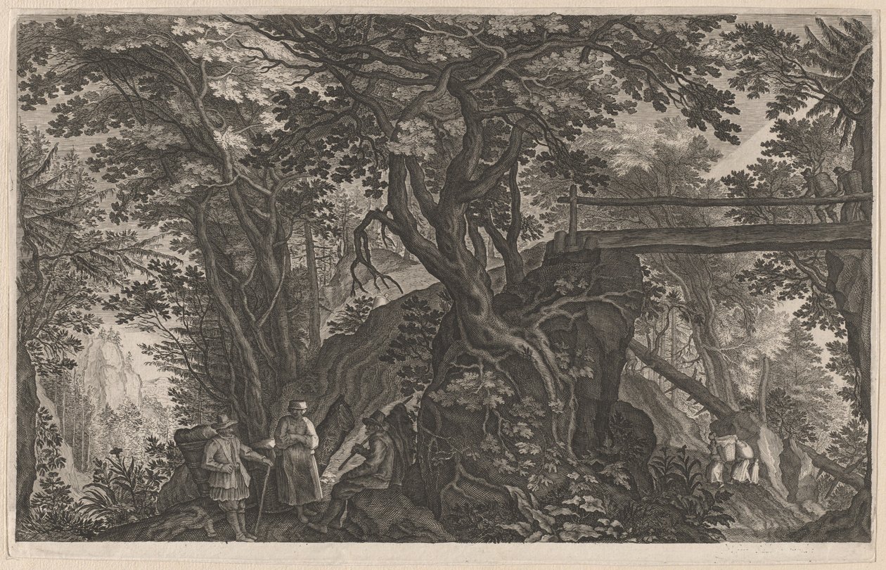 Matkailijat lepäävät vuoristometsässä hirsisillan varrella tekijältä Aegidius Sadeler II after Pieter Stevens