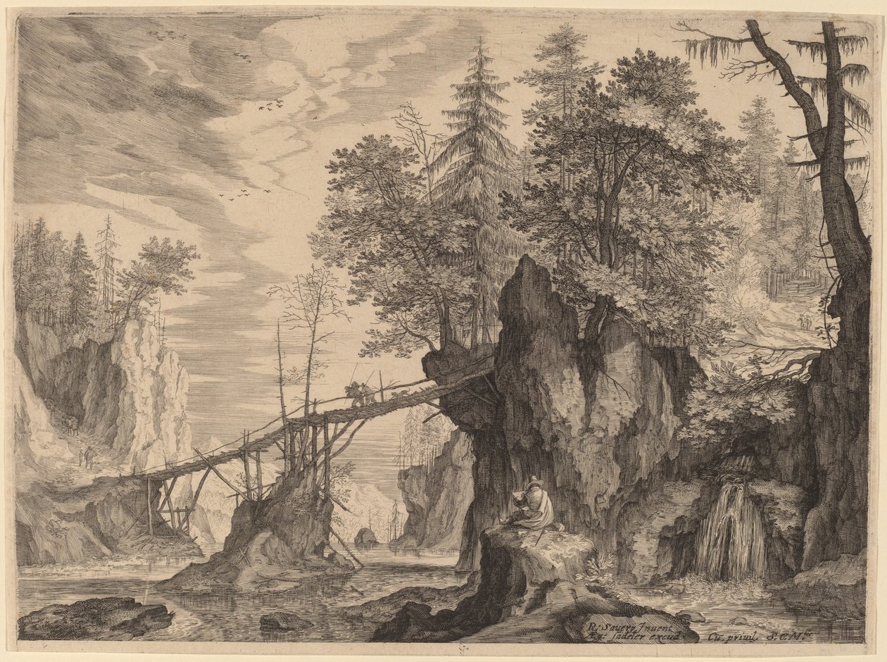 Piirtäjä kivellä sillan edessä tekijältä Aegidius Sadeler II after Roelandt Savery