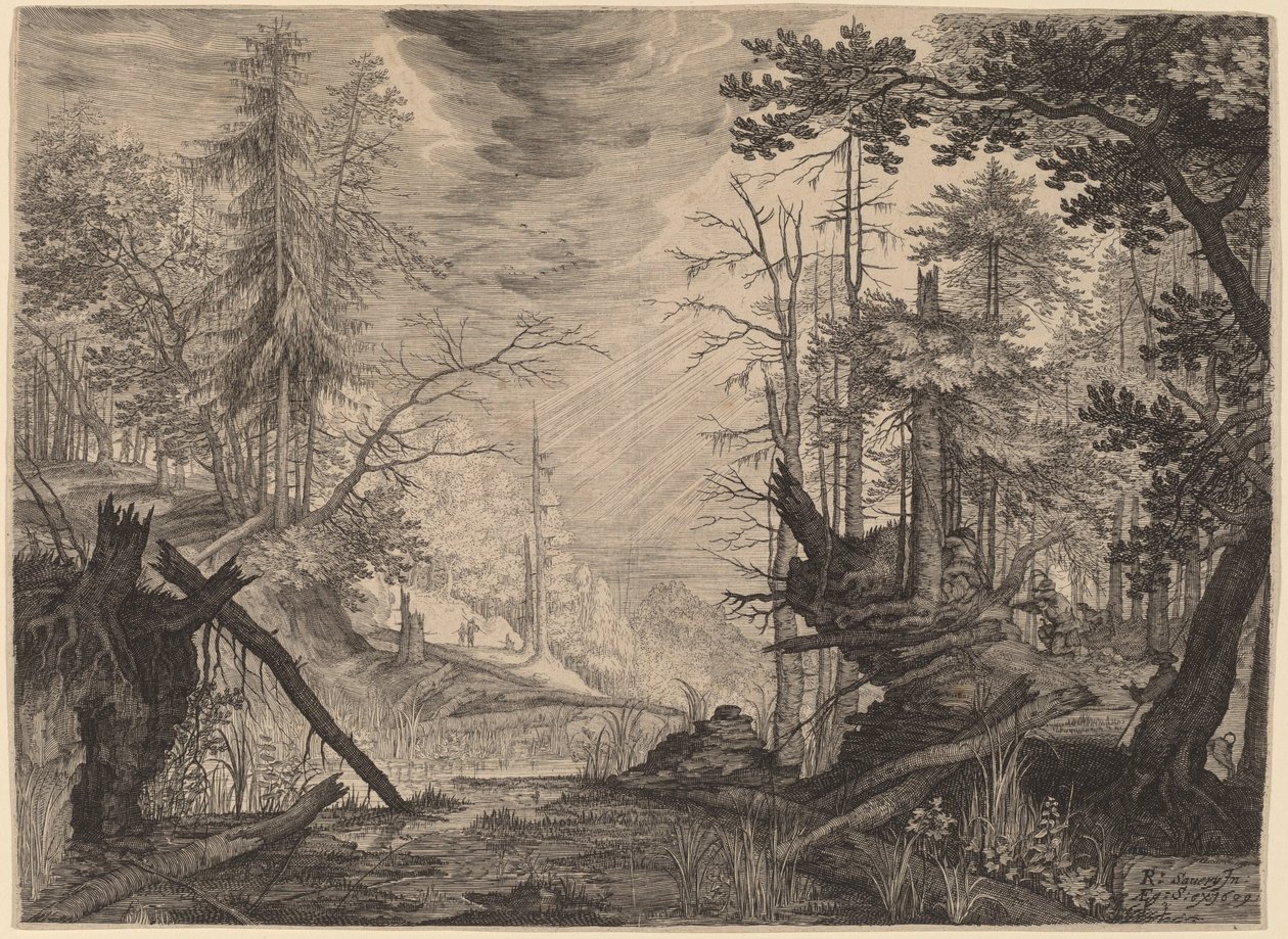 Kolme metsästäjää ja kaksi koiraa uima-altaan lähellä tekijältä Aegidius Sadeler II after Roelandt Savery