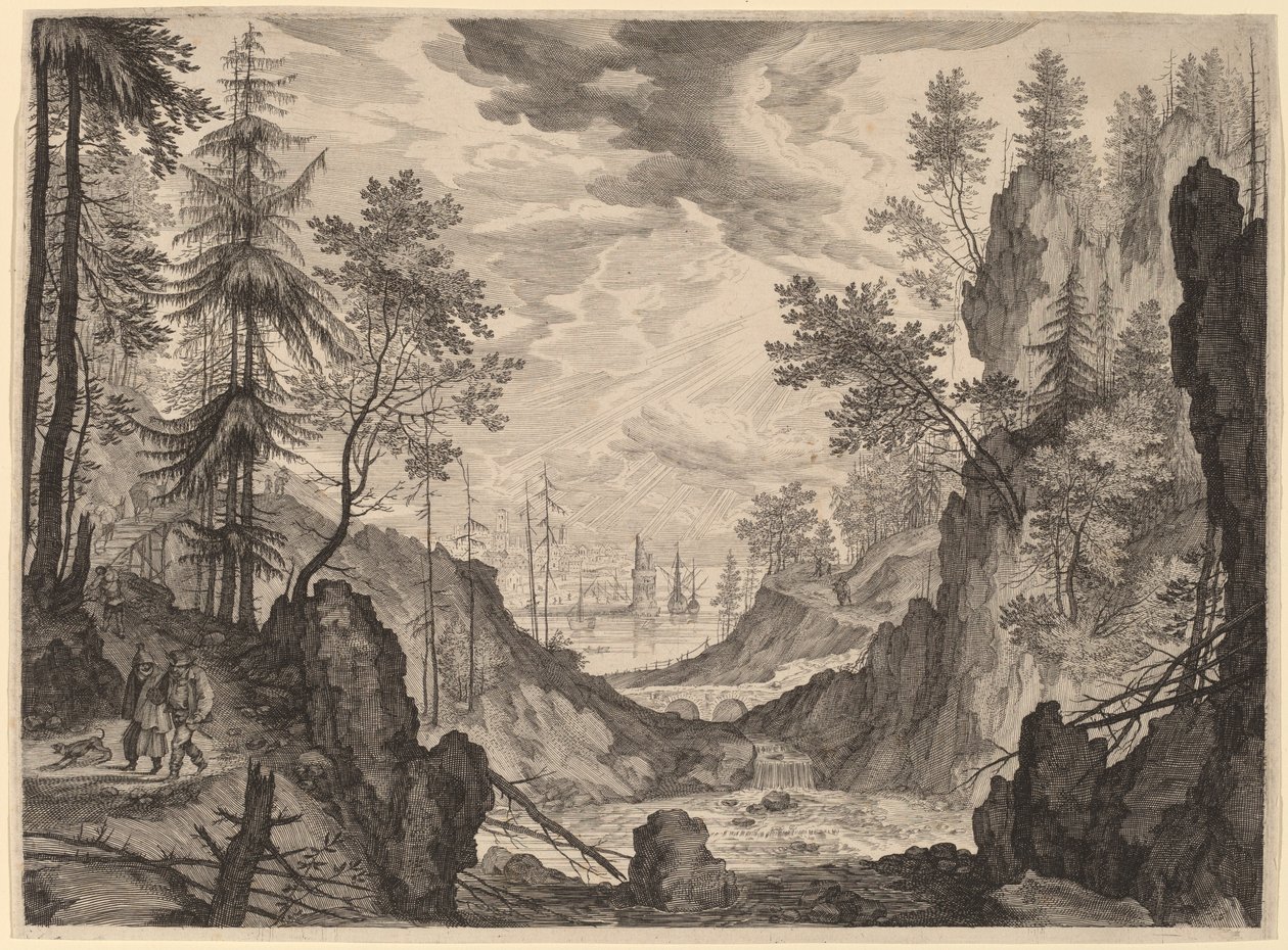 Metsäkohtaus ja vesiputous tekijältä Aegidius Sadeler II after Roelandt Savery