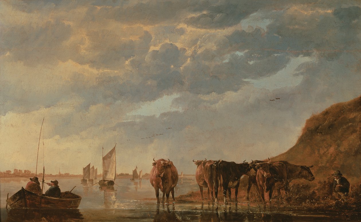 Viiden lehmän paimen joen rannalla, n. 1650 (paneeli) tekijältä Aelbert Cuyp