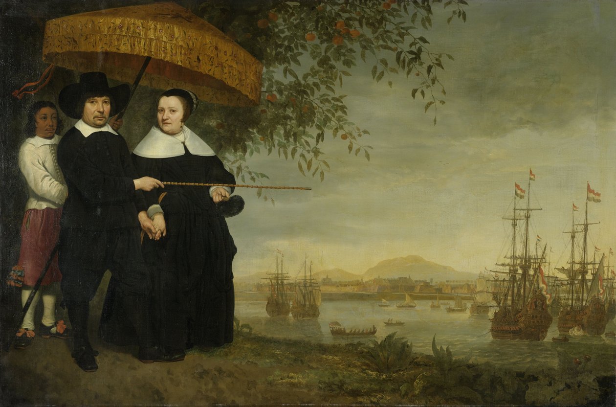 Hollantilaisen Itä-Intian yhtiön vanhempi kauppias Jacob Mathieusen ja hänen vaimonsa Bataviassa, missä hollantilaisen Itä-Intian yhtiön laivat valmistautuvat kotimatkaan n. 1640-60 tekijältä Aelbert Cuyp