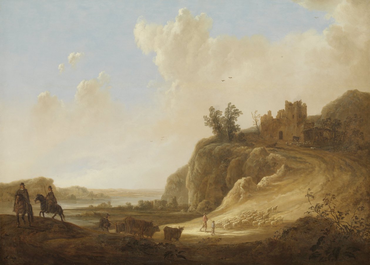 Bergachtig landschap ja kasteelruïne tekijältä Aelbert Cuyp
