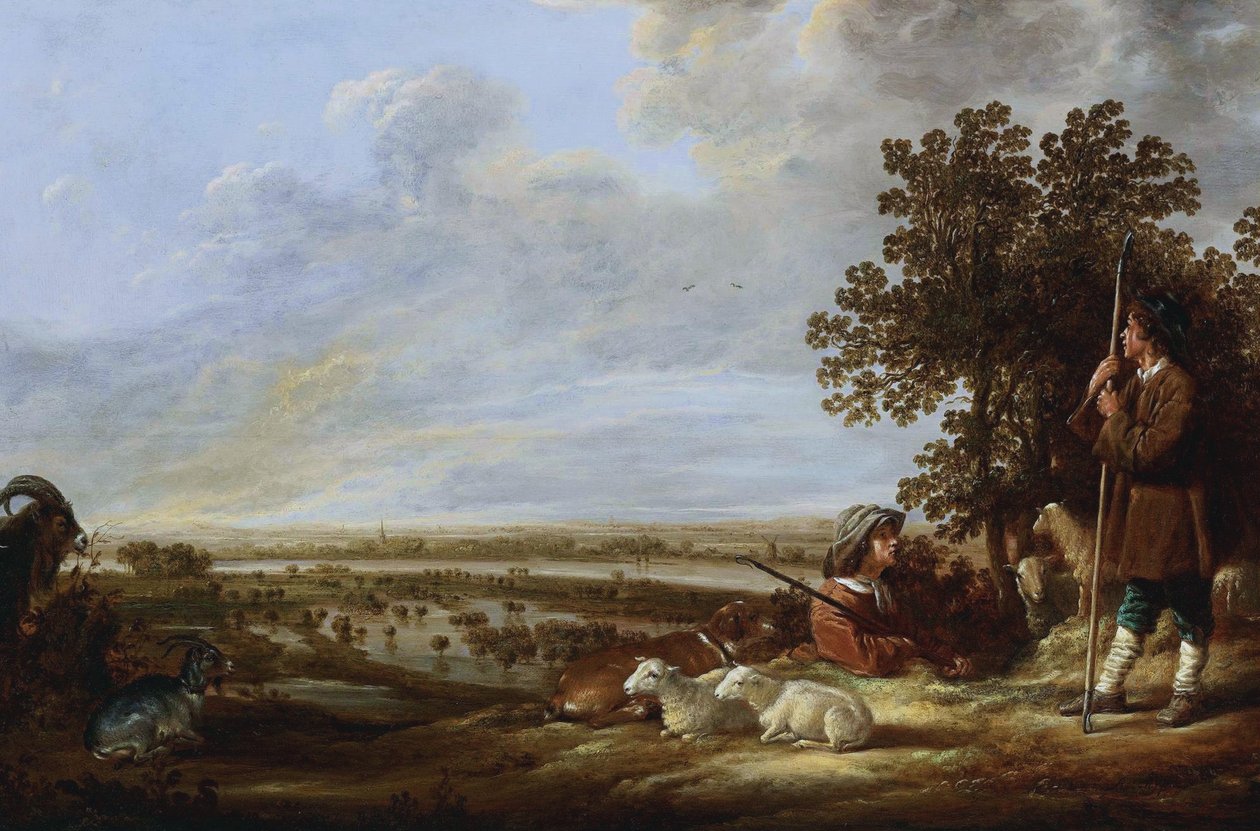 Landschap tapasi kaksi paimenta en en dieren tekijältä Aelbert Cuyp