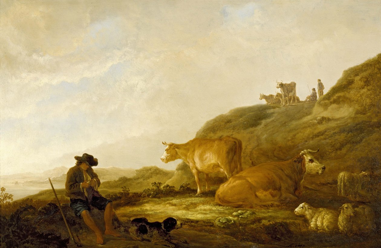 Istuva paimen lehmien ja lampaiden kanssa niityllä, 1644 (öljy tammilevylle) tekijältä Aelbert Cuyp