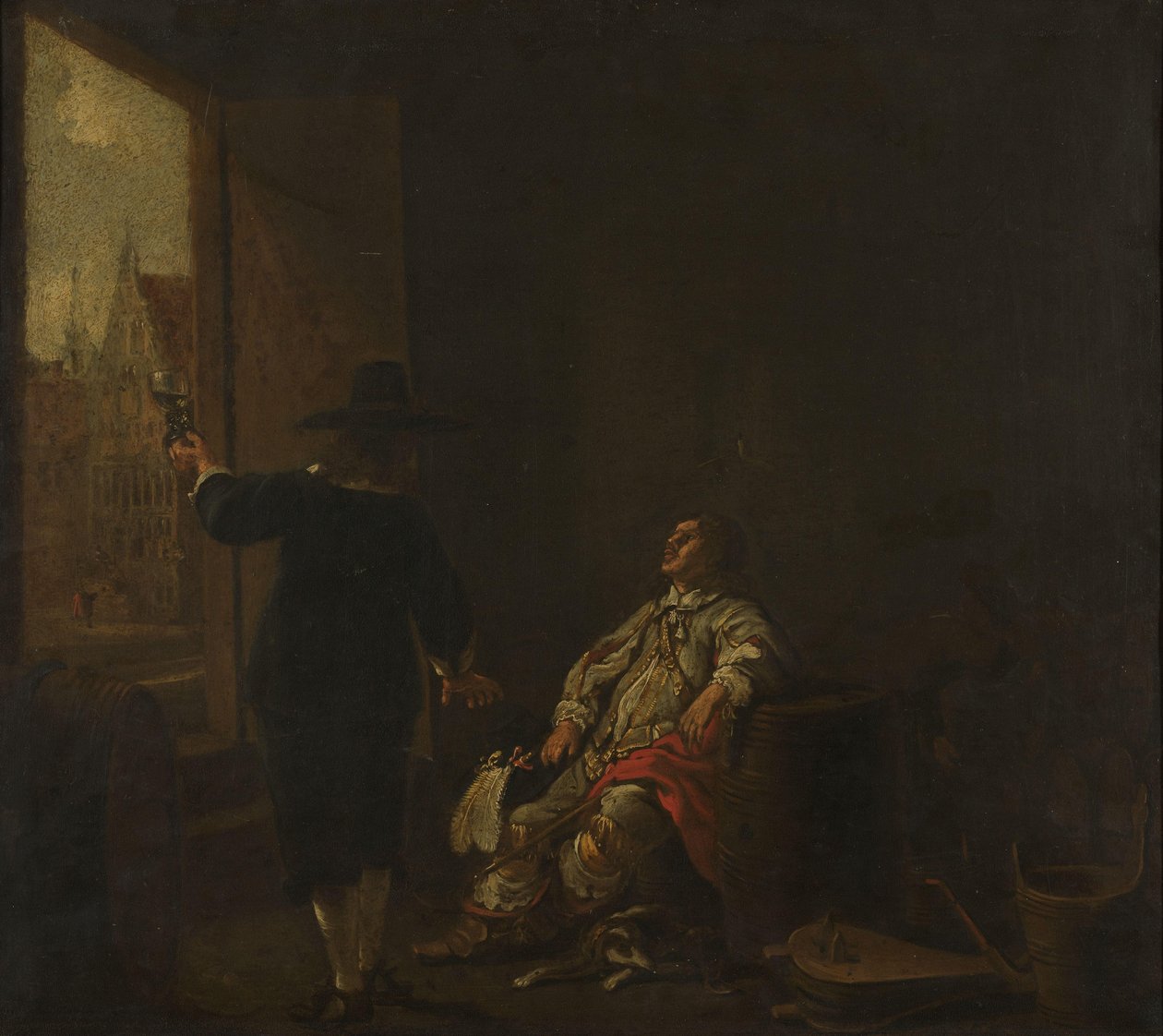 Viinikaupan kyltti, jossa toisella puolella viinin maistelua ja toisella tynnyriä tekijältä Aelbert Cuyp (circle of)