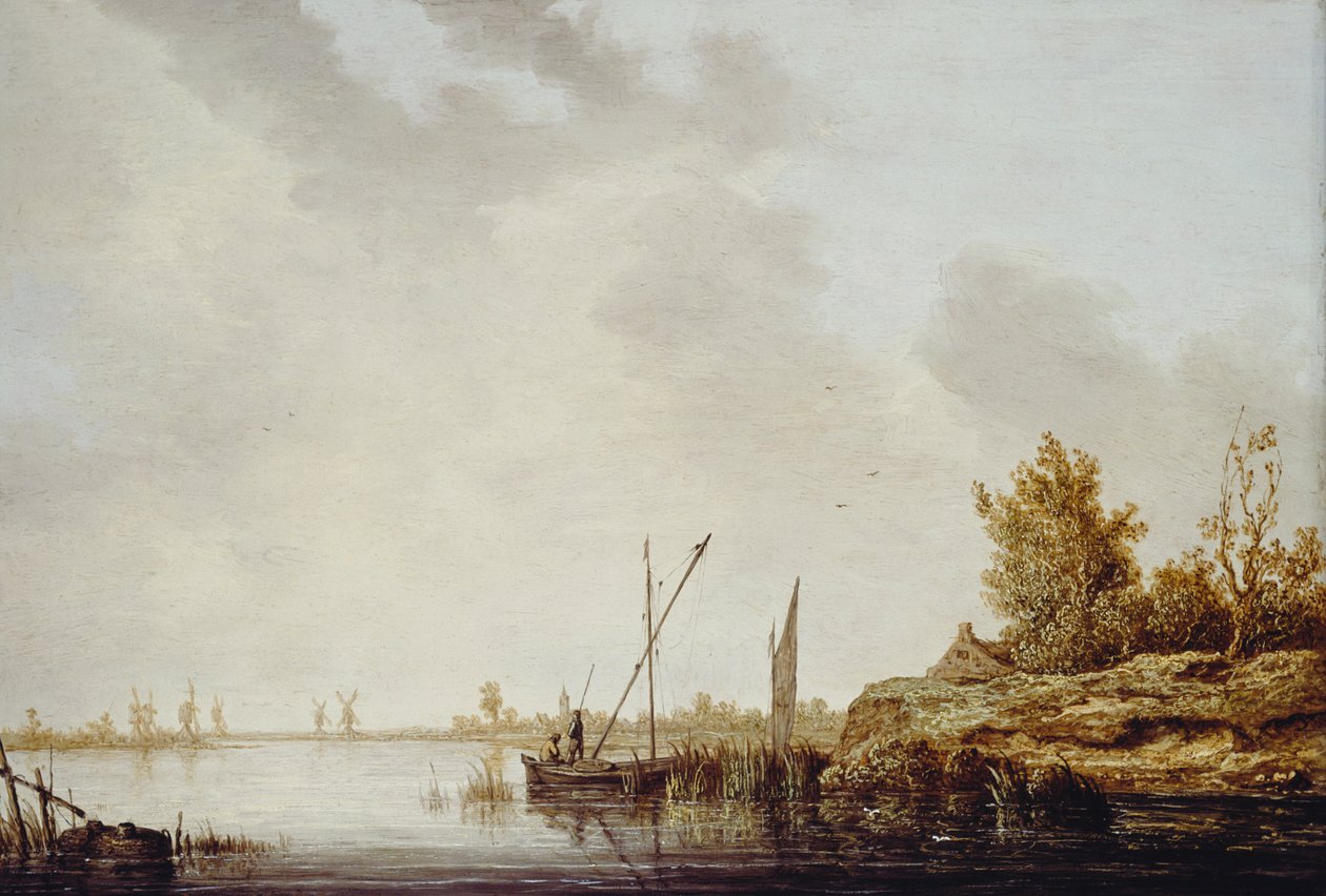 Jokikohtaus kaukaisten tuulimyllyjen kanssa, n. 1640-42 tekijältä Aelbert Cuyp