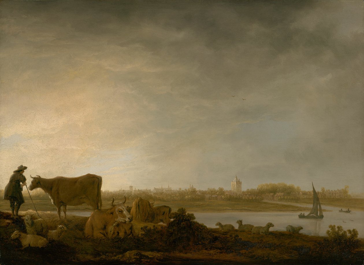 Näkymä Vianenista, jossa on paimen ja karjaa joen rannalla. tekijältä Aelbert Cuyp