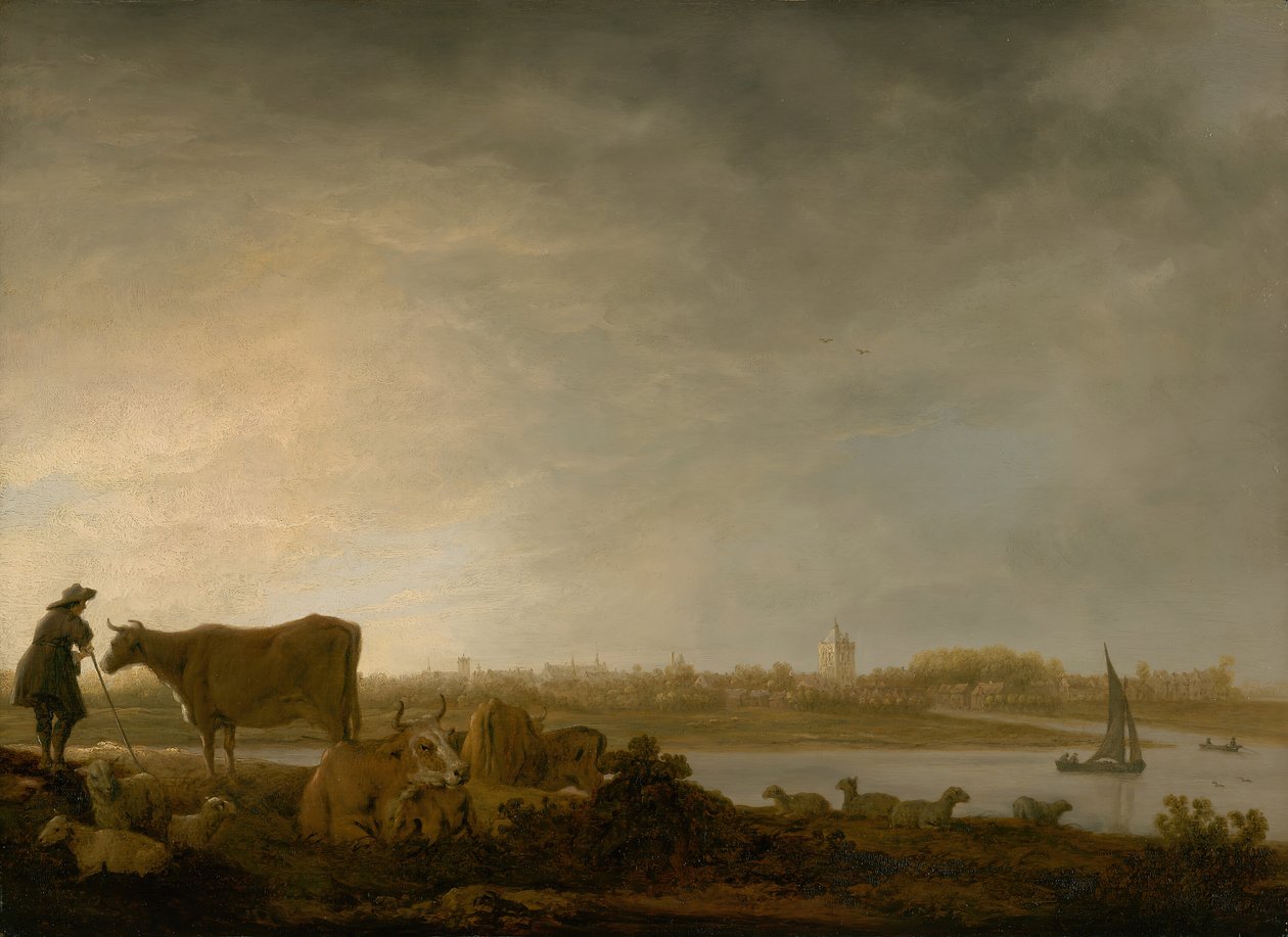 Näkymä Viasesta paimenen ja karjan kanssa joen rannalla, n. 164345. tekijältä Aelbert Cuyp