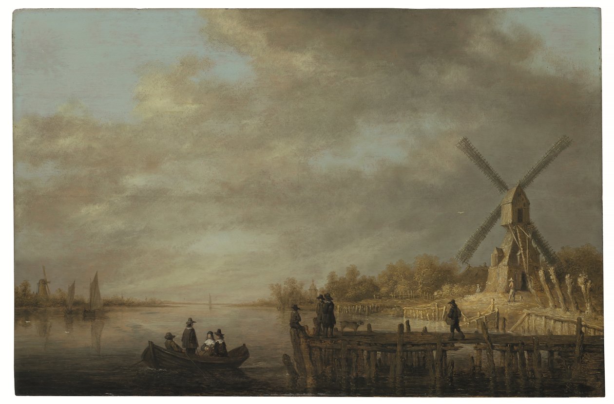 Jokimaisema, jossa tuulimylly ja etualalla soutuveneessä ja laiturilla istuva väki (öljy paneelille). tekijältä Aelbert Cuyp