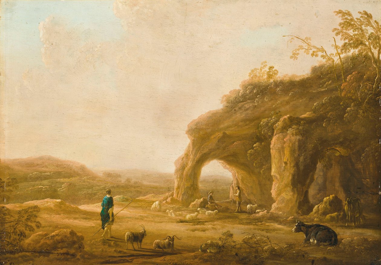 Italialaismainen maisema, jossa on paimenia luolan luona. tekijältä Aelbert Cuyp