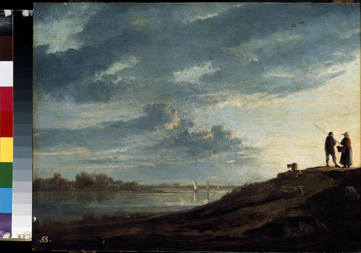 Auringonlasku joen yllä Albert (Aelbert tai Aelbrecht) Cuypin (1620-1691) maalaus noin 1650 Mitat 38,5x53 cm Eremitaaši, Pietari tekijältä Aelbert Cuyp