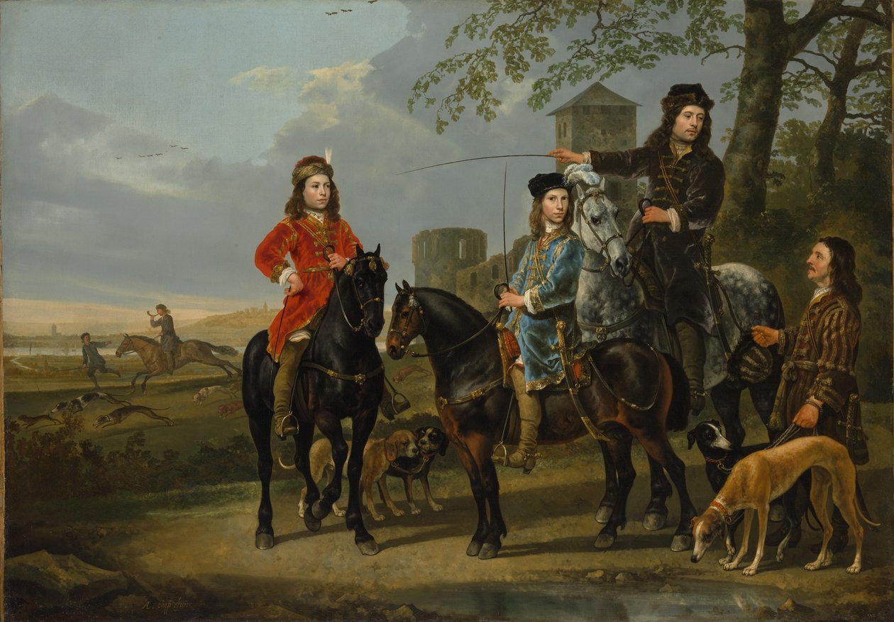 Cornelisin (1639–1680) ja Michiel Pompe van Meerdervoortin (1638–1653) ratsastusmuotokuva heidän opettajansa ja kuskinsa seurassa tekijältä Aelbert Cuyp