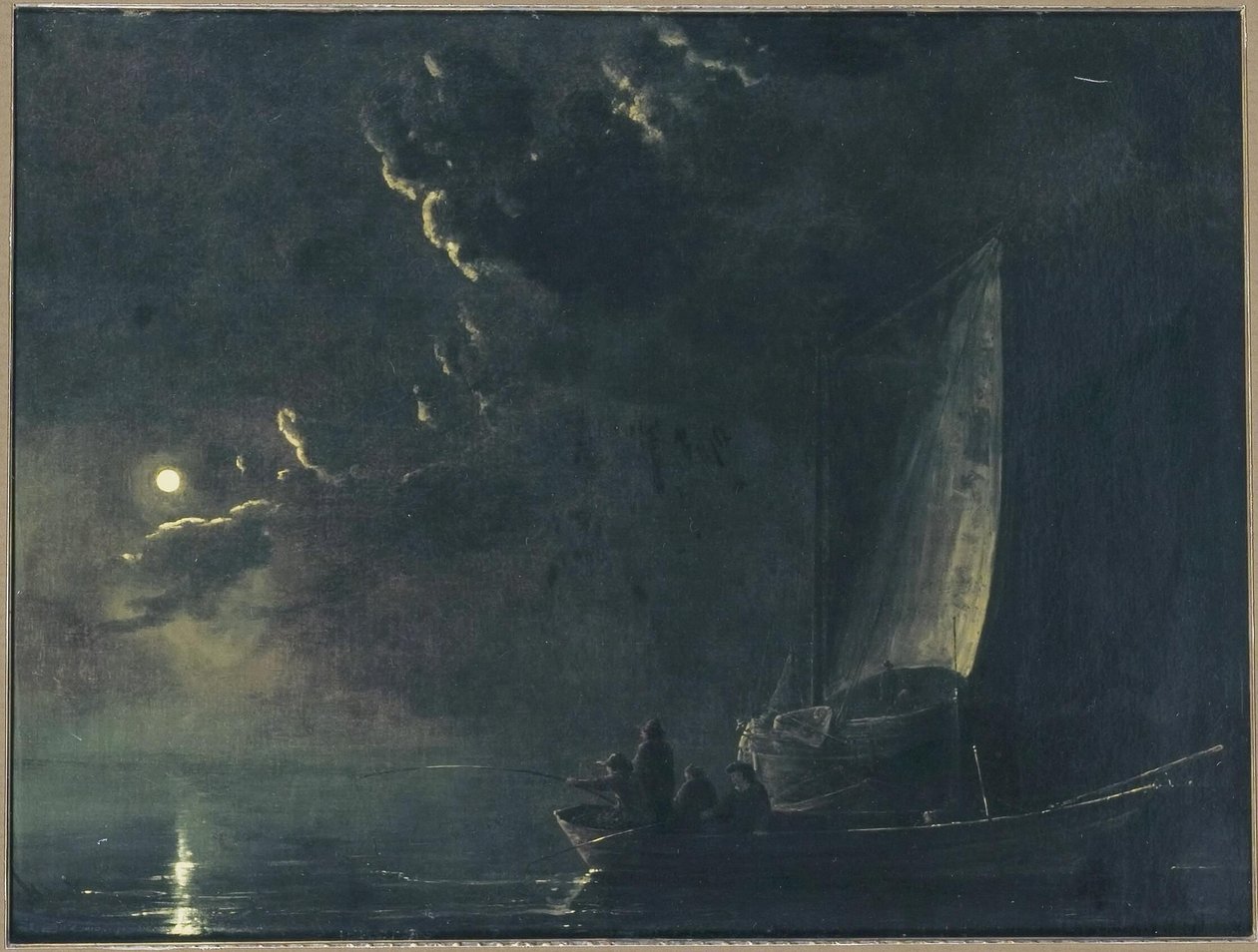 Saksa: Kuumaisema, etualalla kalastusvene ja kalastajia Fishermen by Moonlight (Kalastajat kuunvalossa) tekijältä Aelbert Cuyp