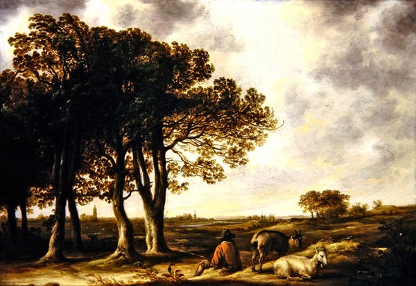 Puhipaimen maisemassa, kaukainen näkymä Amsterdamiin (öljy paneelille) tekijältä Aelbert Cuyp