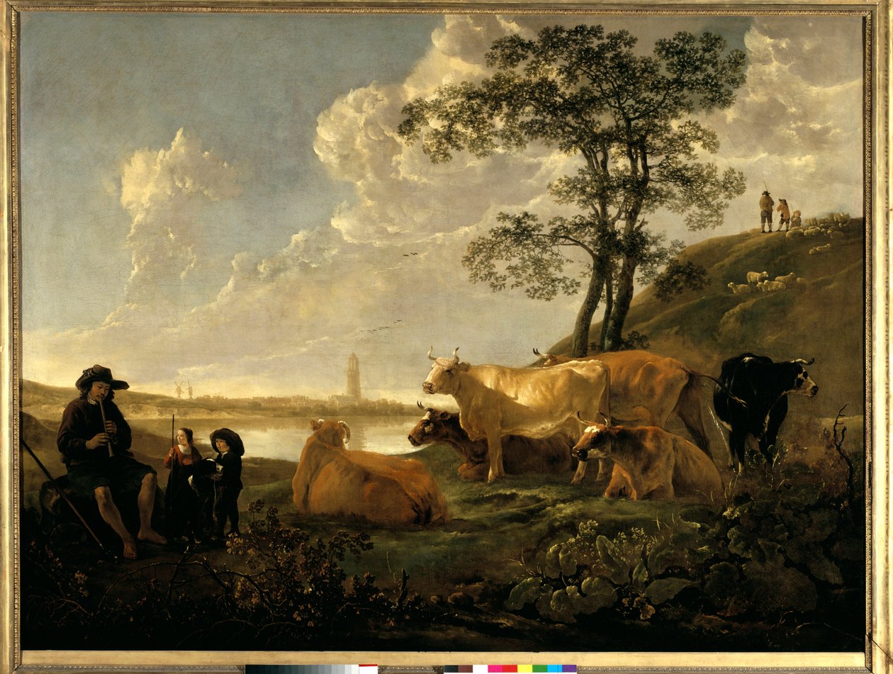 Maisema Rhenen lähellä: laiduntavat lehmät ja paimen, joka soittaa huilua Albert (Aelbert tai Aelbrecht) Cuypin (1620-1691) maalaus tekijältä Aelbert Cuyp