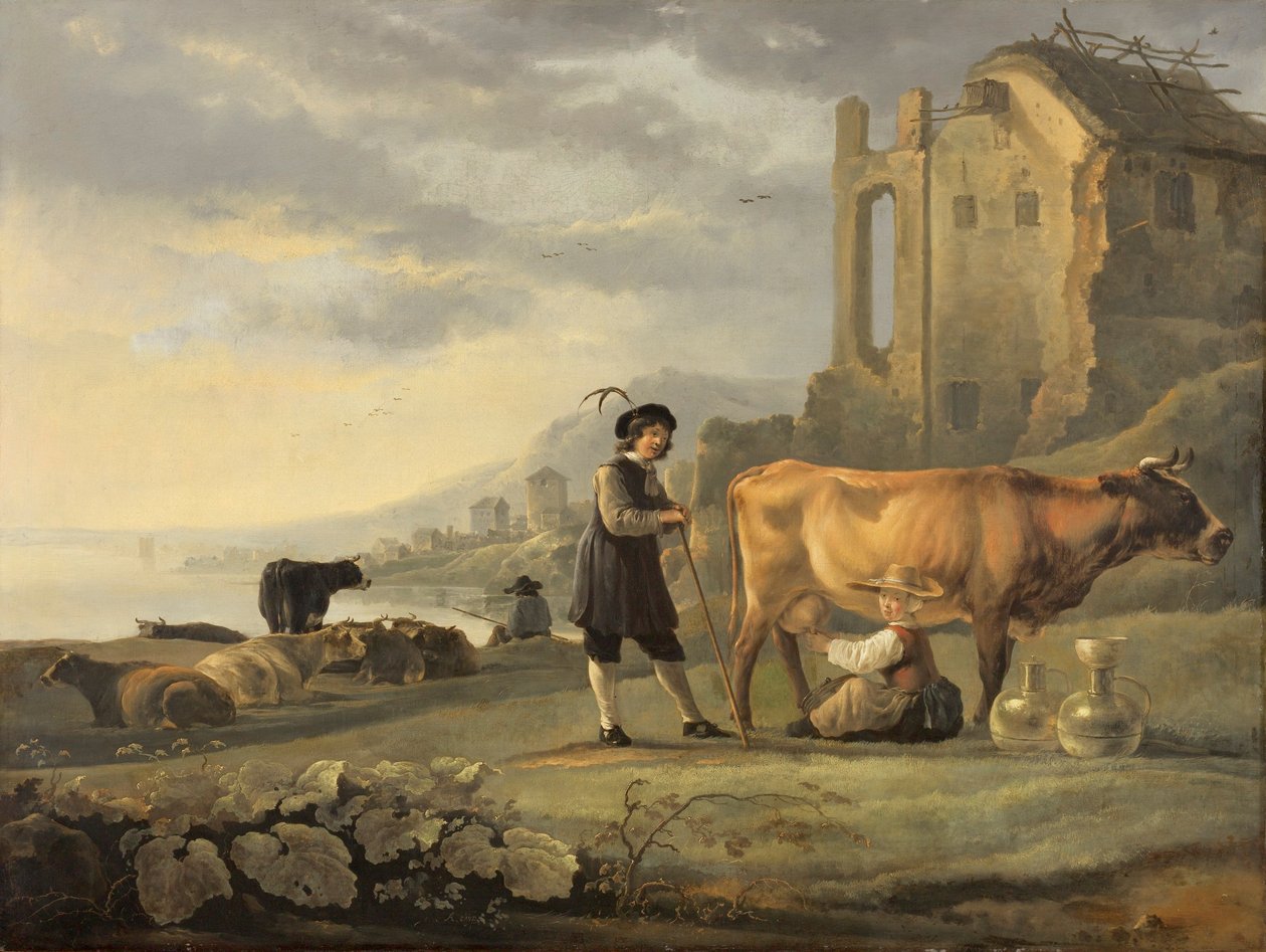 Maisema, jossa kotiapulainen lypsää lehmää tekijältä Aelbert Cuyp