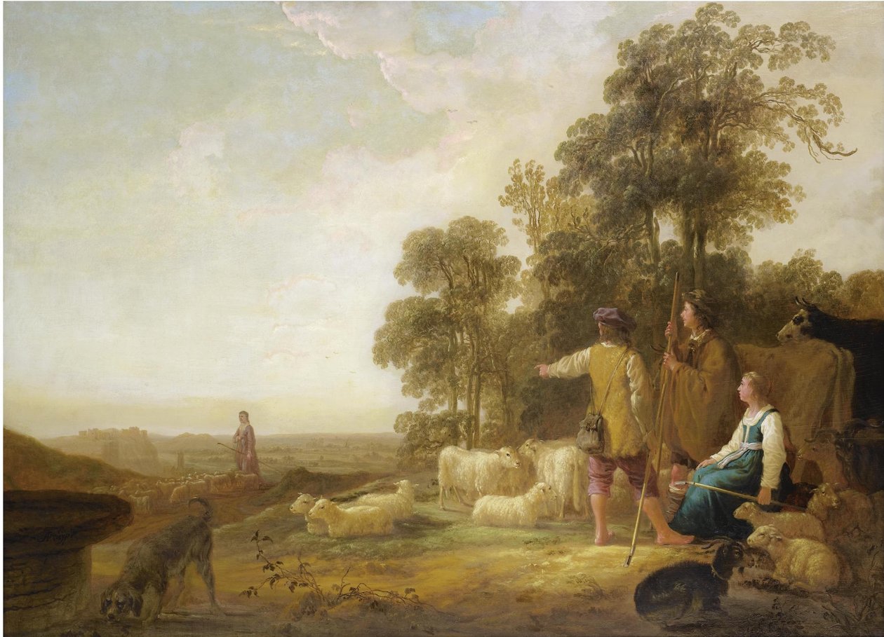 Maisema, jossa on paimenia ja paimentolaisia tekijältä Aelbert Cuyp