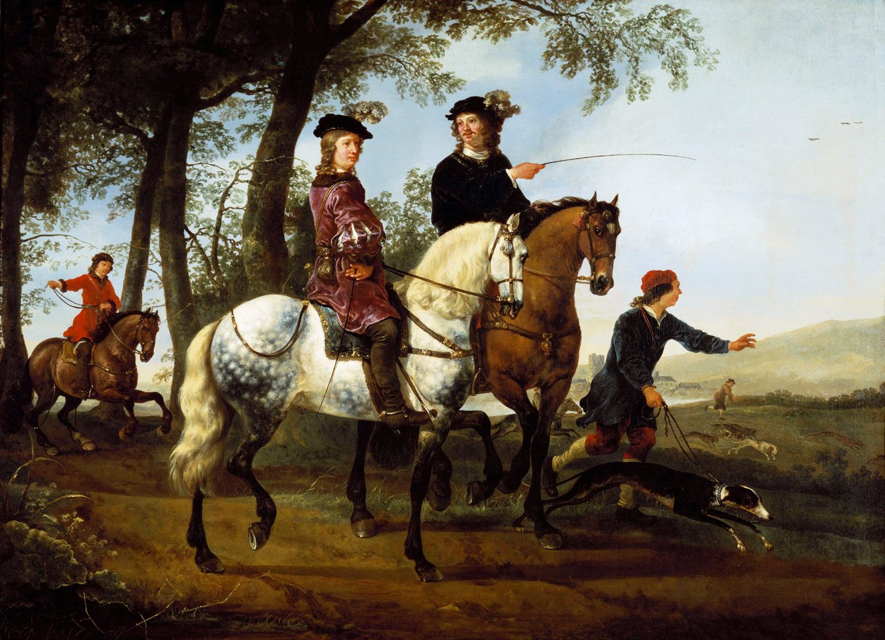 Maisema, jossa urheilijat lähtevät metsästämään, 1650-luvun alku tekijältä Aelbert Cuyp